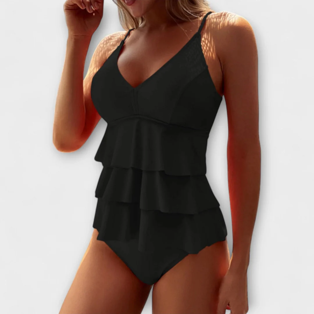 Damski komplet tankini z falbaną – modelujący strój kąpielowy na lato, na plażę i basen