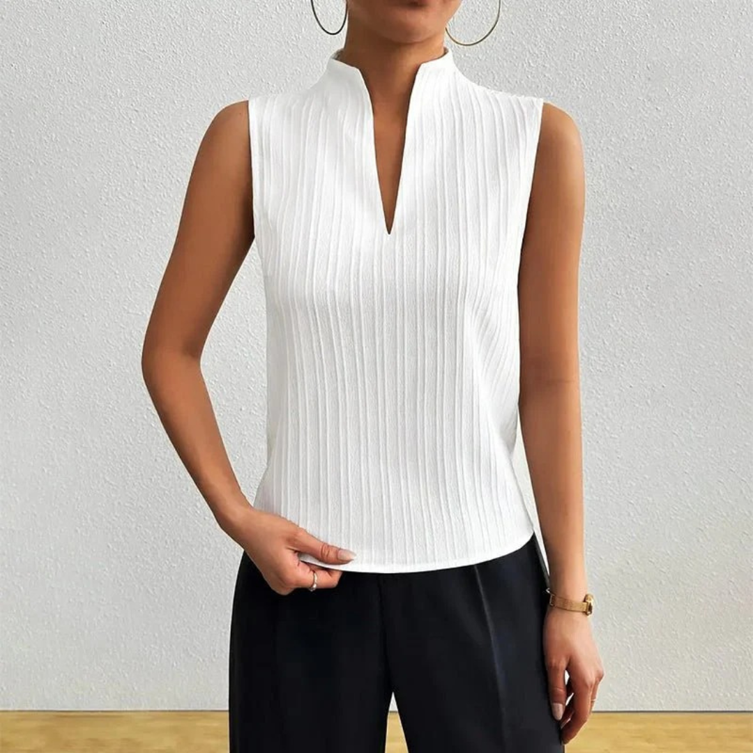 Women’s Pleated Stand-Collar Blouse – Sleeveless Summer Top for Office and Smart Casual Wear