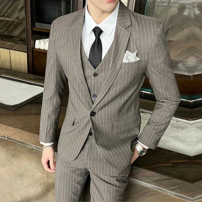 Men’s Striped Business Suit Set Elegant Formal Three Piece Outfit Blazer Waistcoat Trousers