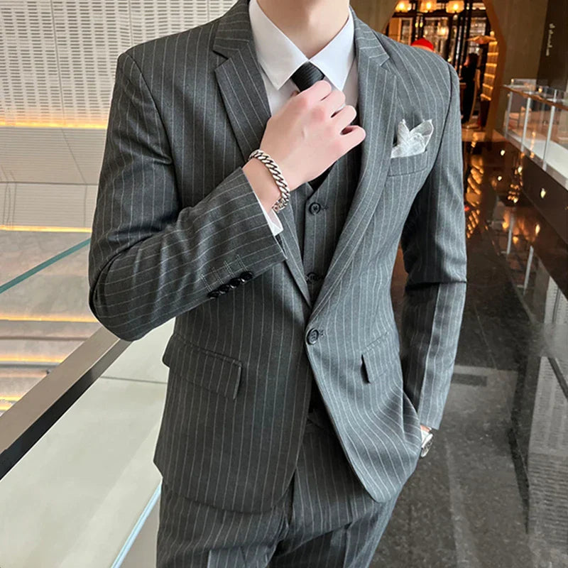 Men’s Striped Business Suit Set Elegant Formal Three Piece Outfit Blazer Waistcoat Trousers