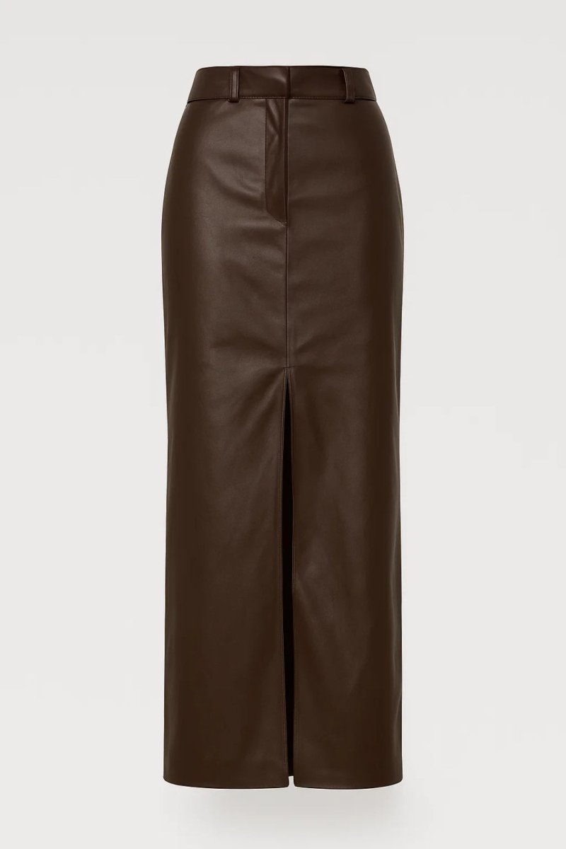 Falda larga efecto piel de talle alto para mujer - falda lápiz larga con abertura delantera para looks elegantes diarios y de noche