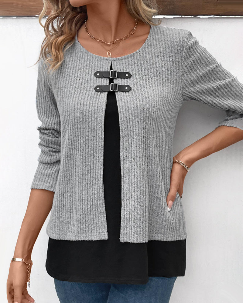 Camiseta de manga larga para mujer con diseño de bloques de color, detalle de patchwork y uso casual diario