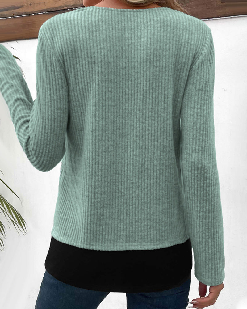 Camiseta de manga larga para mujer con diseño de bloques de color, detalle de patchwork y uso casual diario