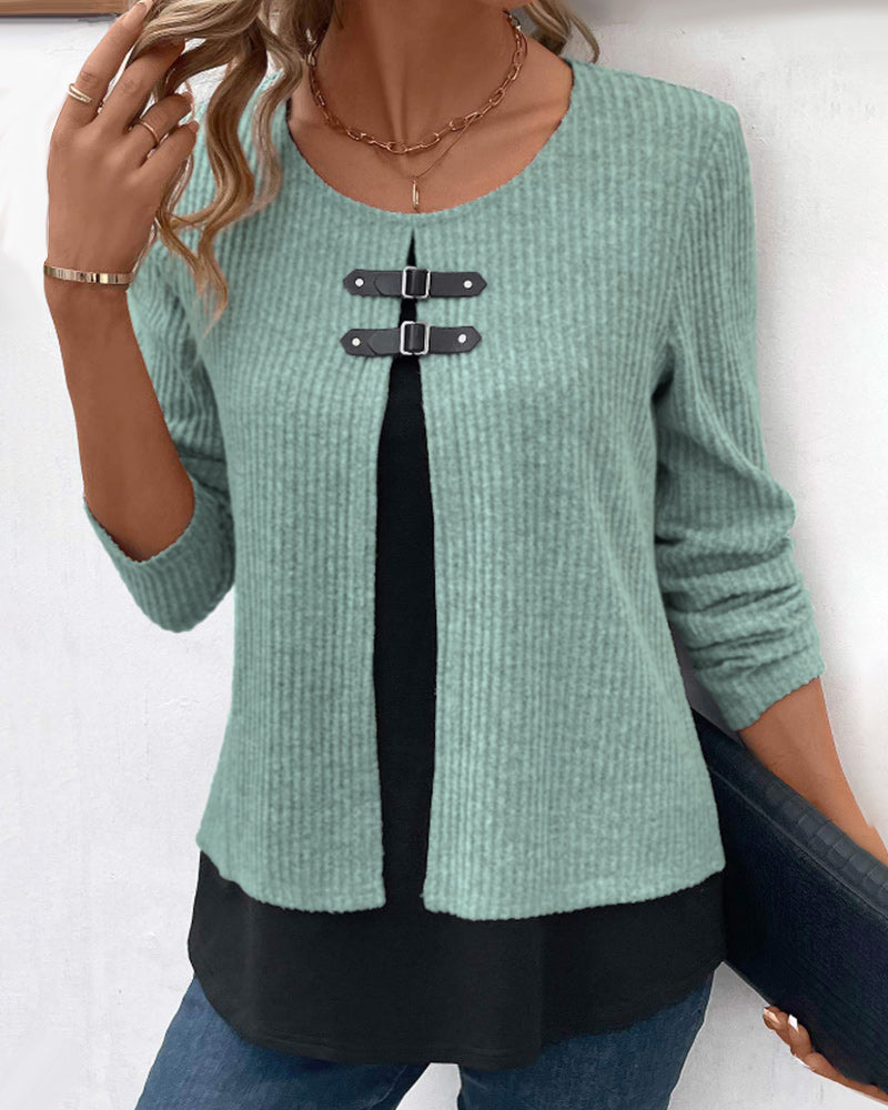 Camiseta de manga larga para mujer con diseño de bloques de color, detalle de patchwork y uso casual diario