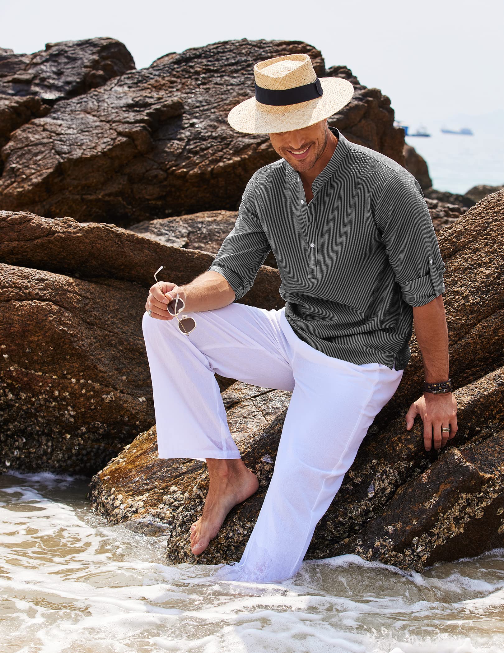 Chemise homme à col officier et patte de boutonnage – manches retroussables, style estival pour les vacances