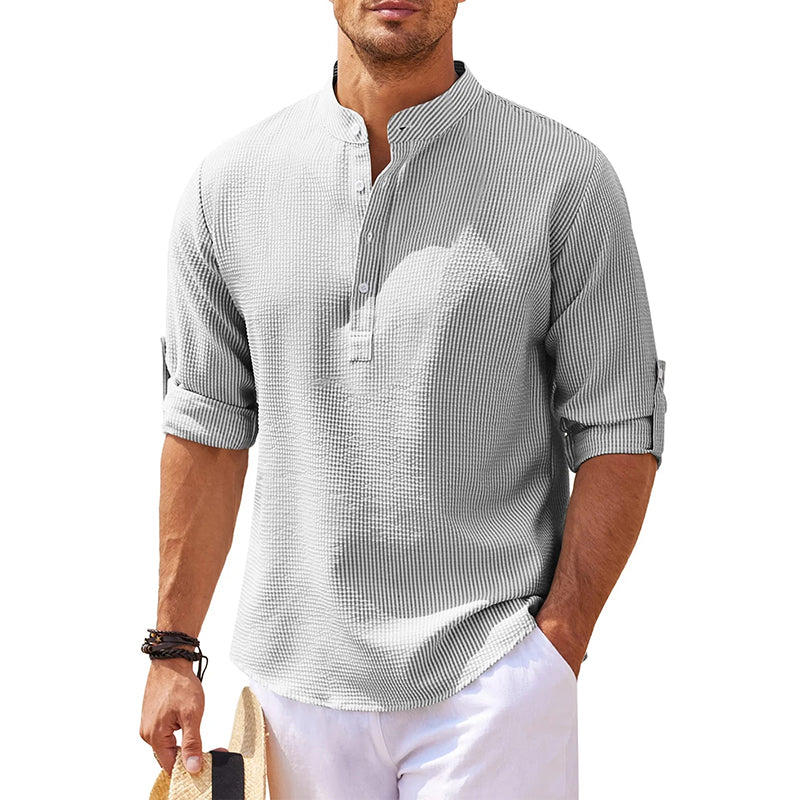 Chemise homme à col officier et patte de boutonnage – manches retroussables, style estival pour les vacances