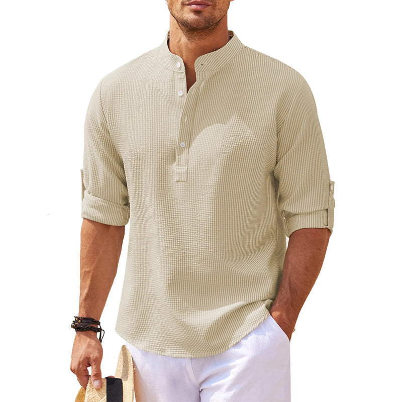 Chemise homme à col officier et patte de boutonnage – manches retroussables, style estival pour les vacances