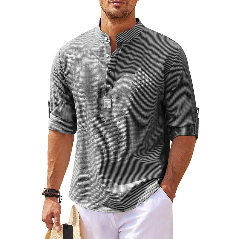 Chemise homme à col officier et patte de boutonnage – manches retroussables, style estival pour les vacances