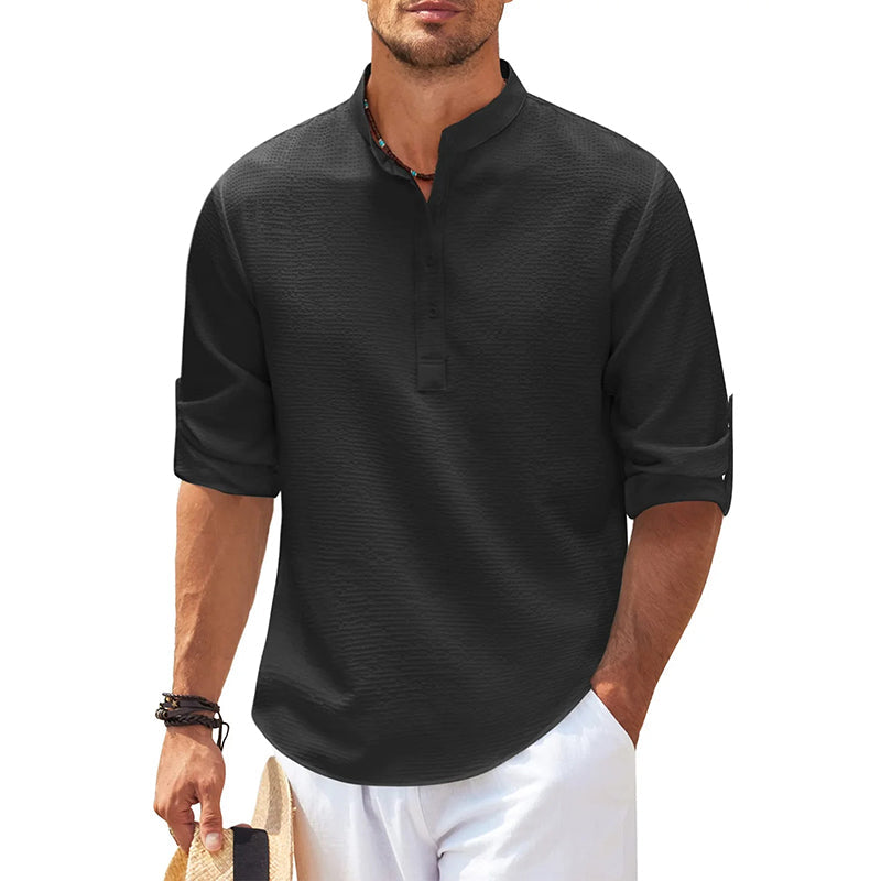 Chemise homme à col officier et patte de boutonnage – manches retroussables, style estival pour les vacances