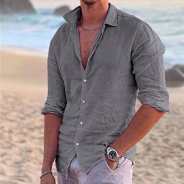 Camisa veraniega entallada de manga larga para hombre - Camisa ligera con botones para vacaciones y el uso diario informal