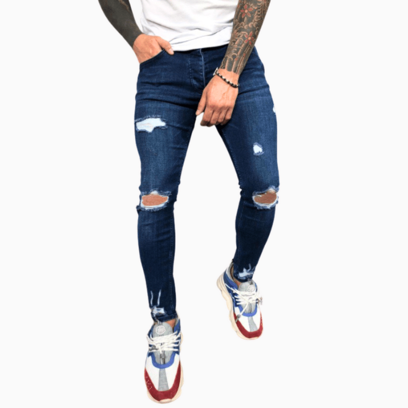 Jean skinny déchiré pour homme – Denim extensible près du corps avec genoux effet usé et détails à bords francs
