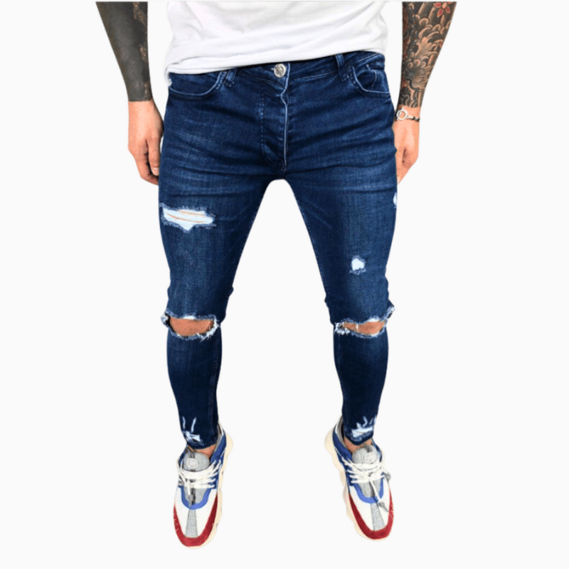 Jean skinny déchiré pour homme – Denim extensible près du corps avec genoux effet usé et détails à bords francs