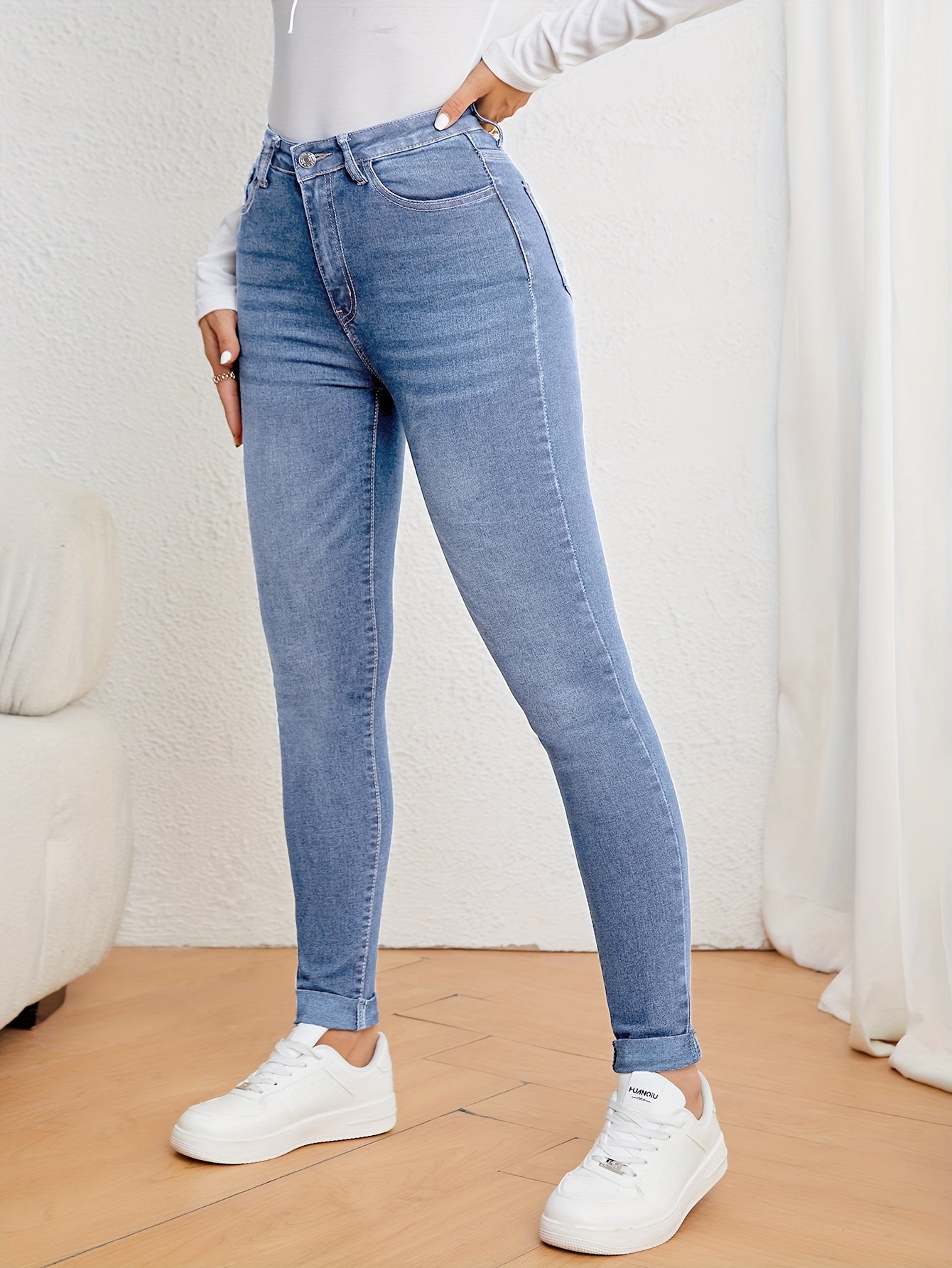 Jeans de mujer de tiro alto, ajuste slim, denim elástico, corte skinny, casual, cómodos para el uso diario