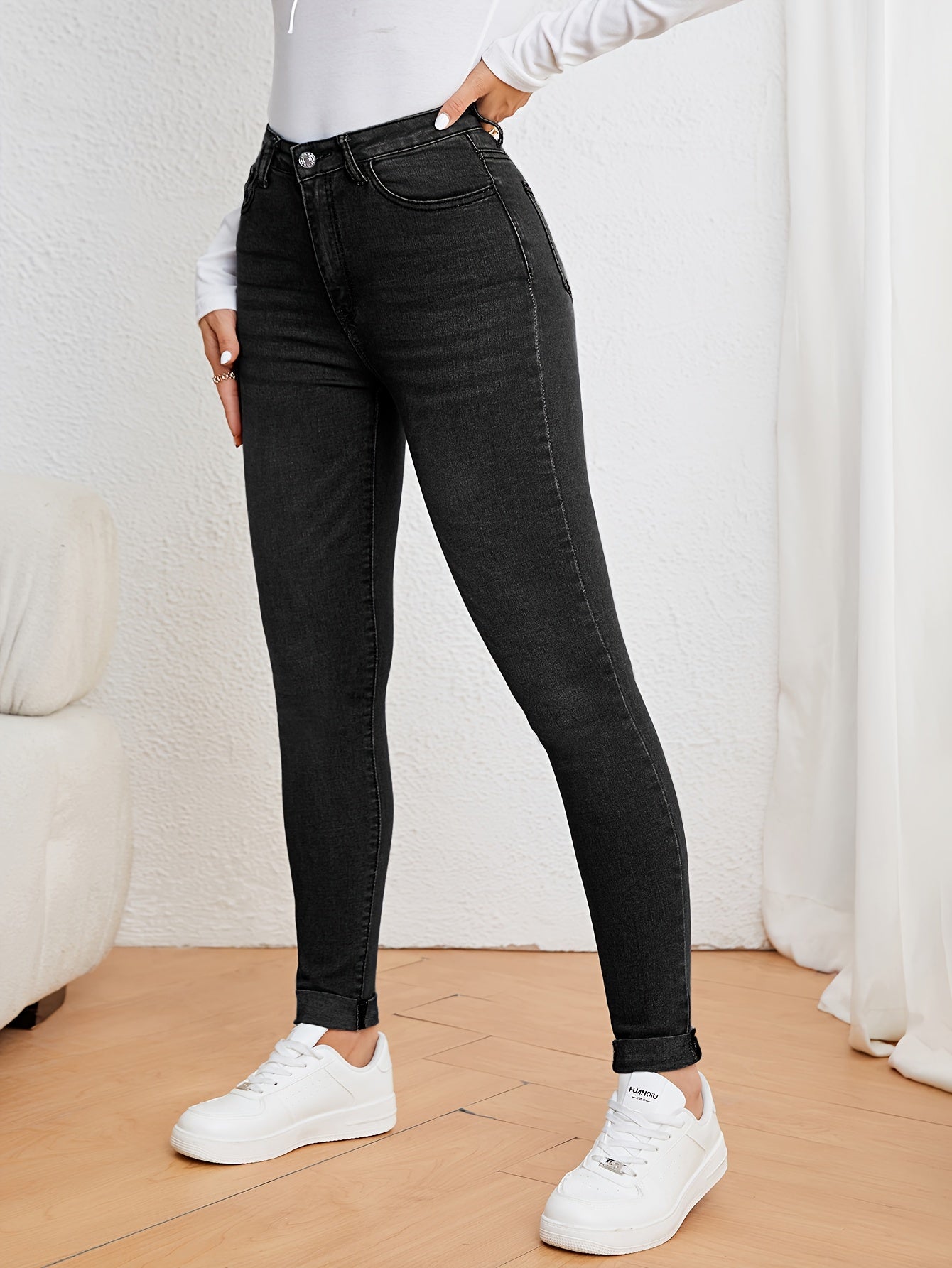 Jeans de mujer de tiro alto, ajuste slim, denim elástico, corte skinny, casual, cómodos para el uso diario