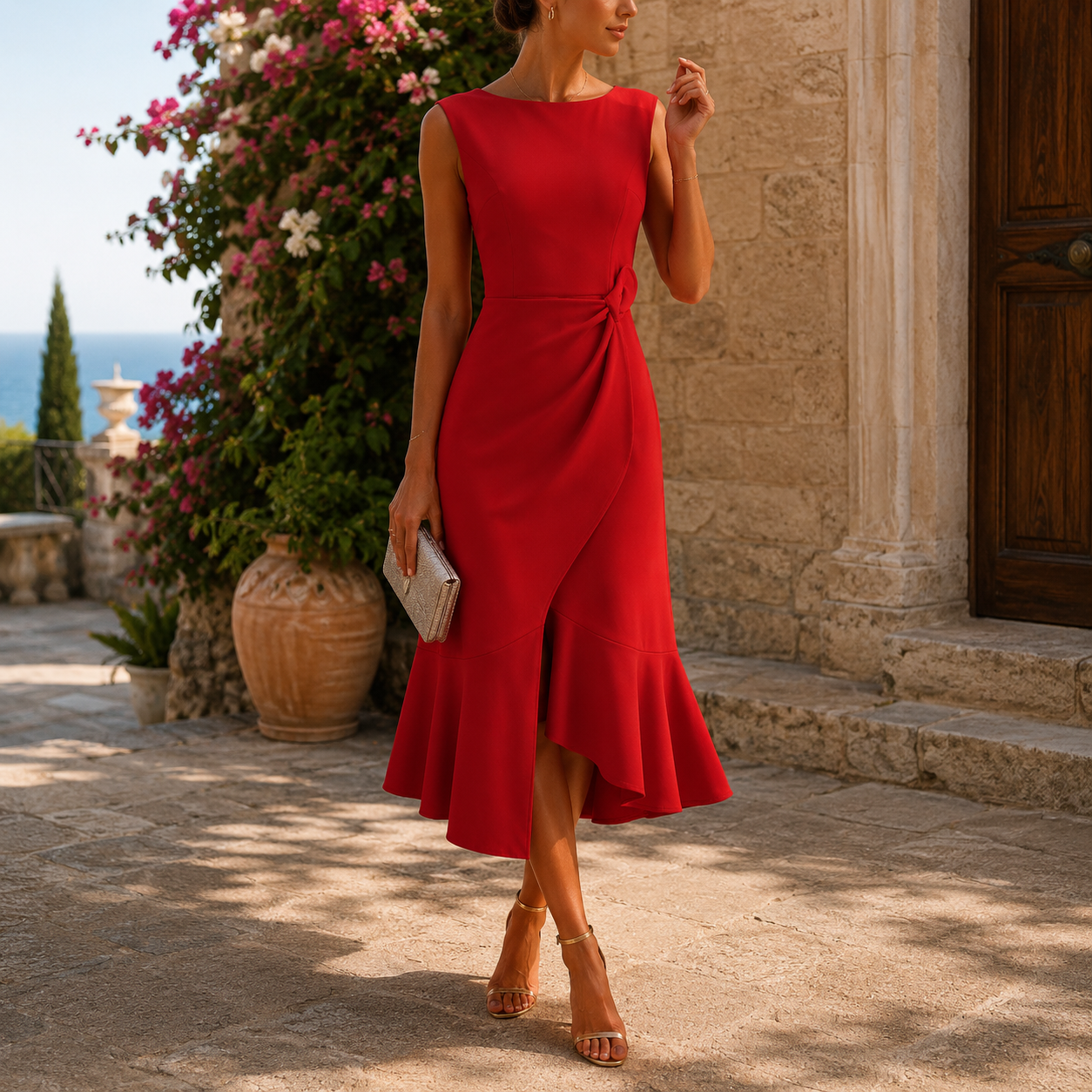 Women’s Asymmetric Midi Dress – Tie-Waist Wedding Guest Style for Spring and Summer Events