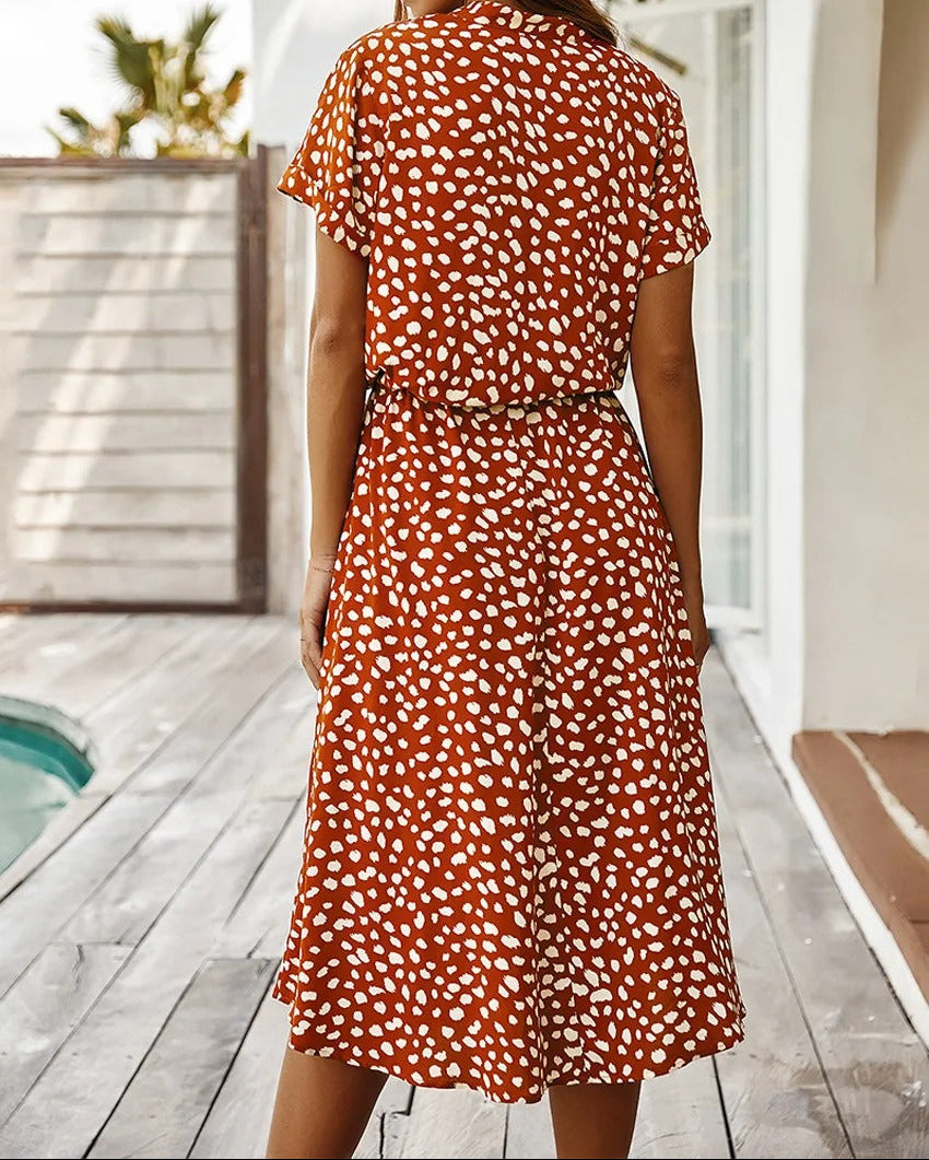 Rochie midi imprimată pentru femei, cu talie ajustabilă, ușoară, cu mâneci scurte, rochie casual de vară