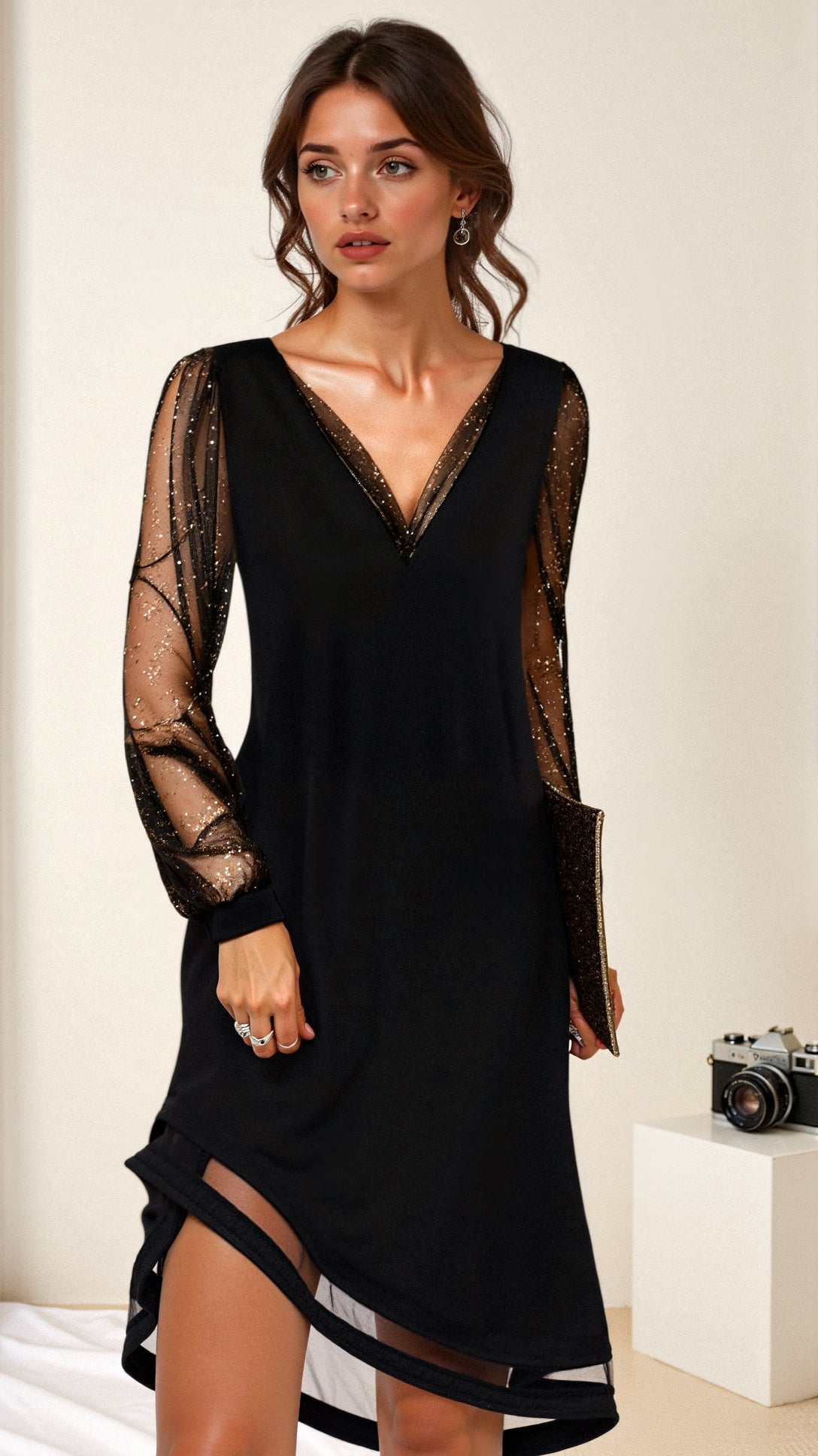 Abito da festa da donna con paillettes e scollo a V – Modello elegante a maniche lunghe per eventi estivi serali