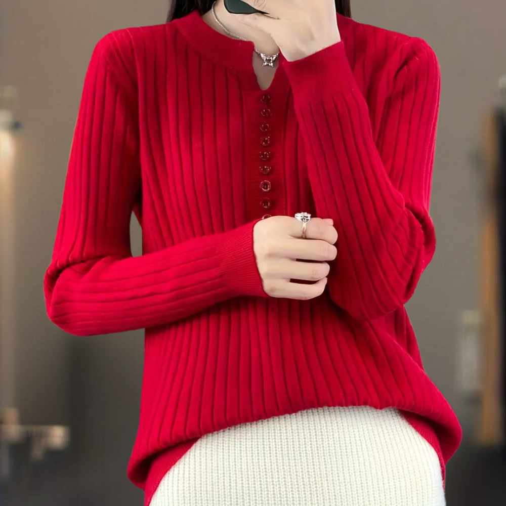 Suéter de punto acanalado para mujer con cuello en V y tapeta de botones