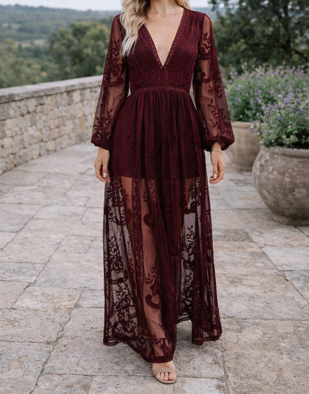 Women’s V-Neck Lace Maxi Dress with Long Sleeves