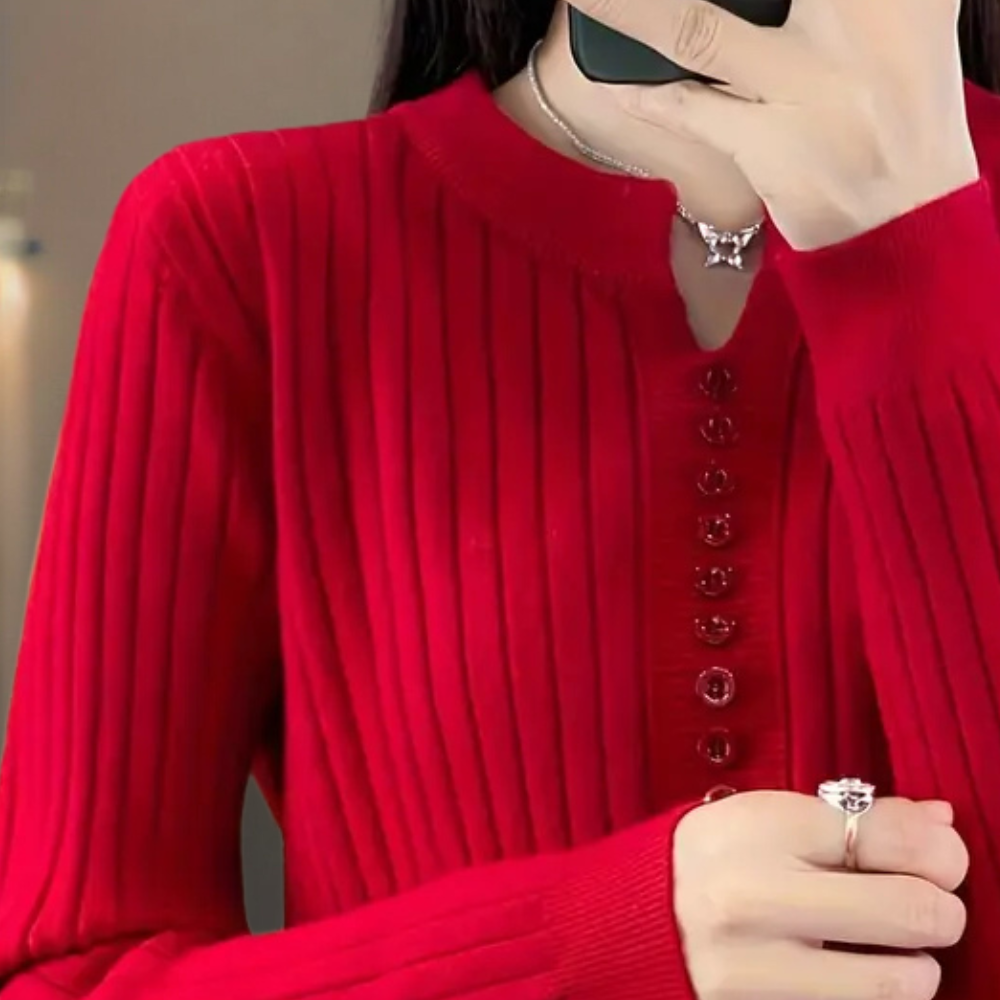 Suéter de punto acanalado para mujer con cuello en V y tapeta de botones