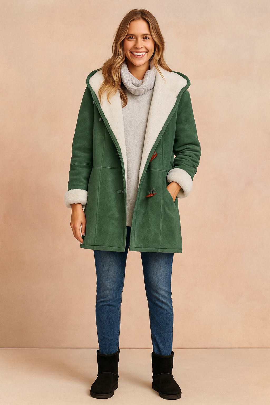 Damen-Kapuzen-Dufflejacke für den Winter mit weichem Fleece-Futter und Knebelverschluss – lässig geschnittene, mittellange, warme Freizeit-Oberbekleidung mit Vordertaschen für den Alltag im Herbst und Winter