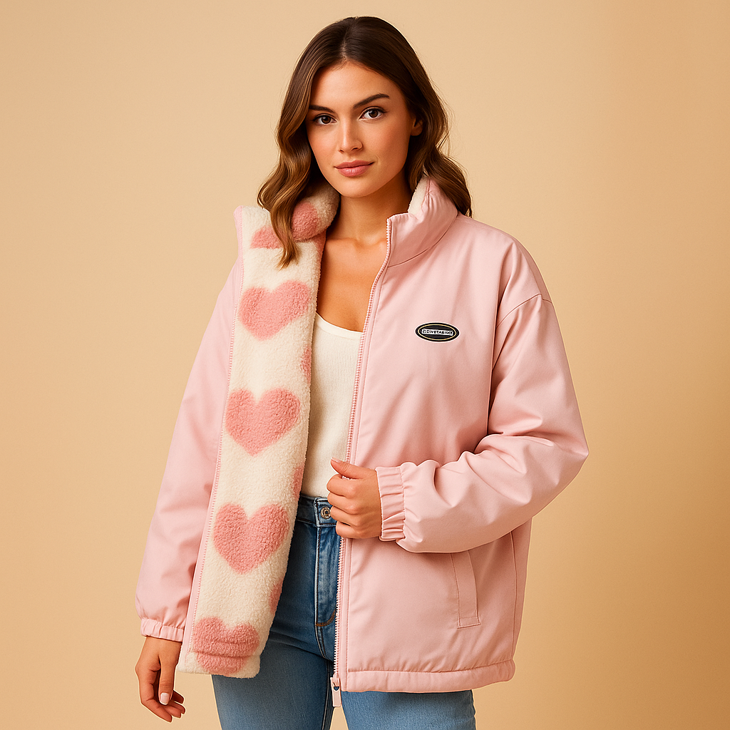 Women’s Reversible Fleece Jacket with Stand Collar and Zip Front – Cosy Printed Outerwear for Relaxed Cold-Weather Outfits