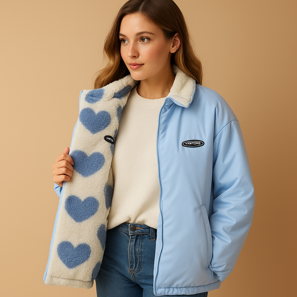 Women’s Reversible Fleece Jacket with Stand Collar and Zip Front – Cosy Printed Outerwear for Relaxed Cold-Weather Outfits