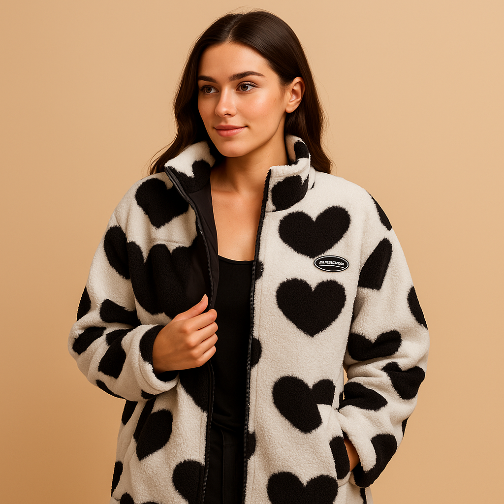 Women’s Reversible Fleece Jacket with Stand Collar and Zip Front – Cosy Printed Outerwear for Relaxed Cold-Weather Outfits