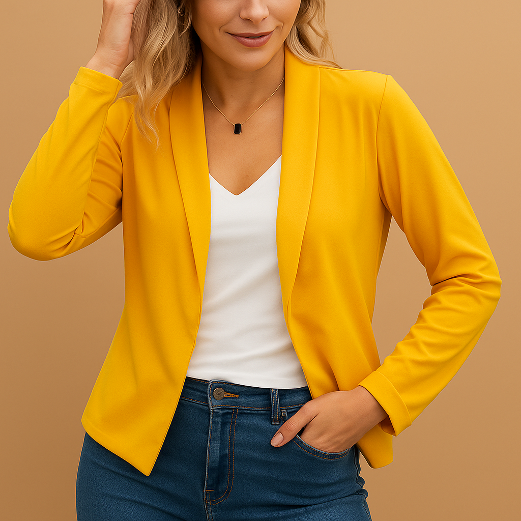 Offener Blazer für Damen mit Schalkragen und geschwungenem Saum – Leicht taillierte Langarmjacke für Büro und Abendoutfits