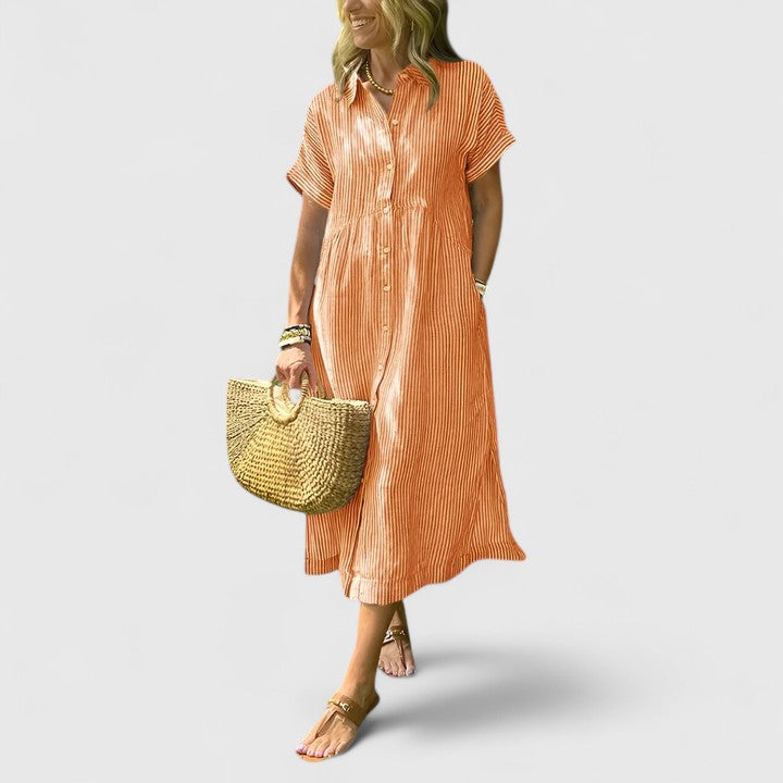Abito midi da donna dalla vestibilità comoda – modello stampato con bottoni sul davanti e tasche, per l’estate