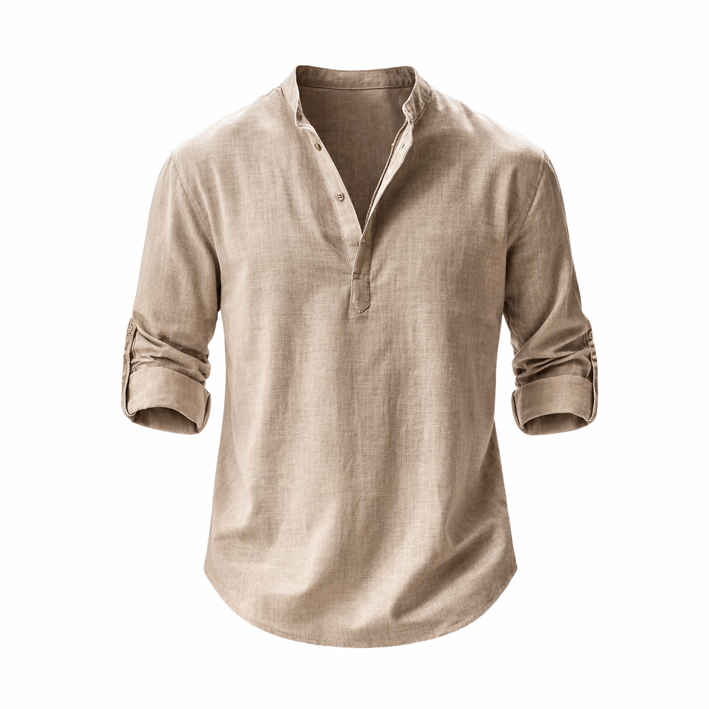 Camicia da uomo in lino con collo alla coreana e maniche arrotolate, top casual