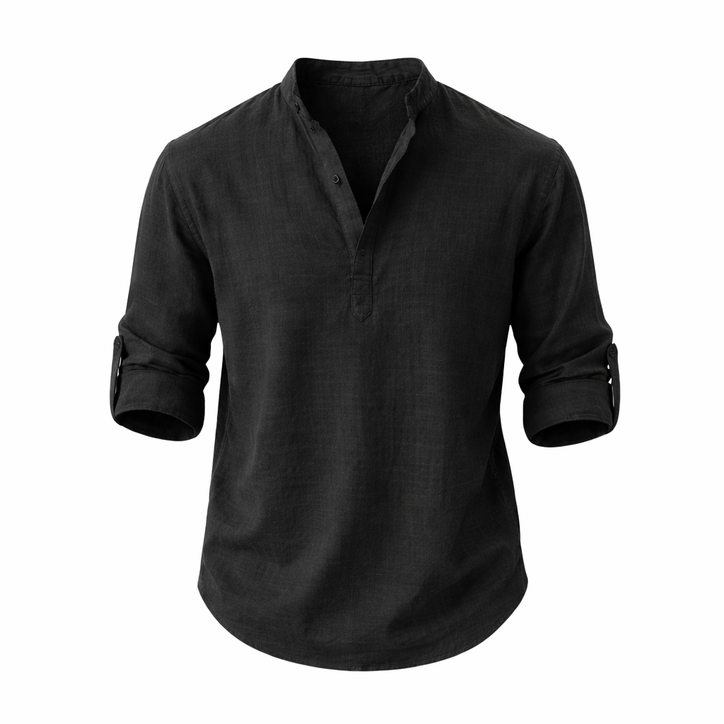 Camicia da uomo in lino con collo alla coreana e maniche arrotolate, top casual