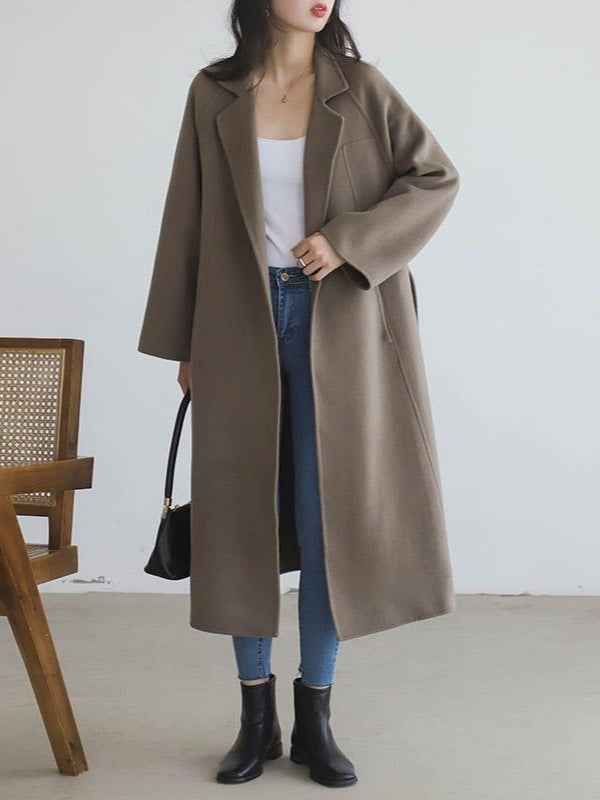 Dámský oversized vlněný kabát - dlouhý kabát s páskem a klopami pro elegantní podzimní i každodenní městské nošení