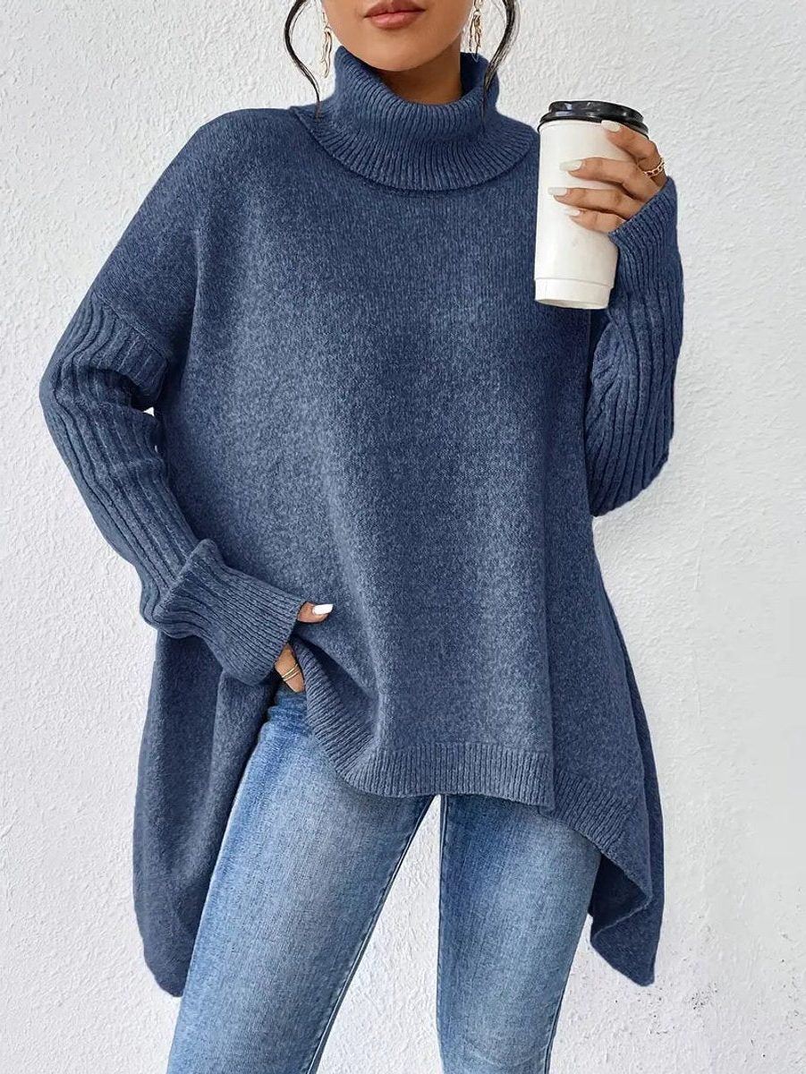 Pulover supradimensionat de damă, cu guler înalt – Tricot striat cu guler înalt și tiv asimetric, pentru suprapuneri lejere de iarnă