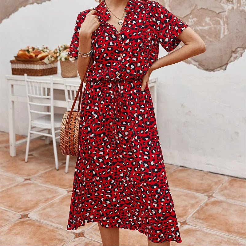 Rochie midi imprimată pentru femei, cu talie ajustabilă, ușoară, cu mâneci scurte, rochie casual de vară