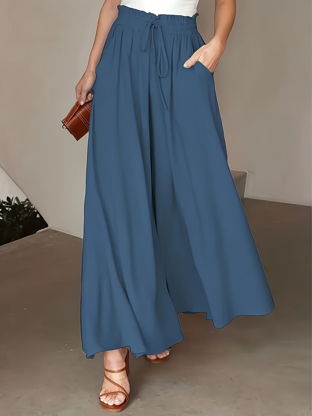 Women’s High-Waisted Flowing Wide-Leg Trousers – Relaxed Drawstring Full-Length Style for Office Travel Weekend Dining and Everyday Transitional Wear