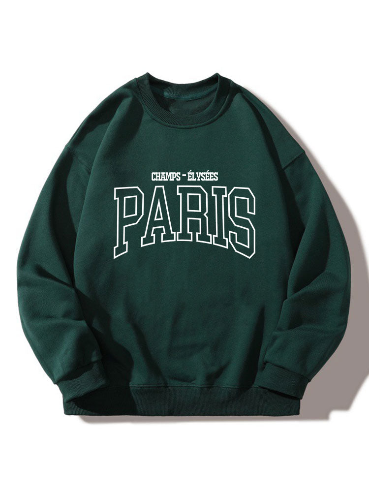 Sweatshirt masculino em mistura de algodão com estampa gráfica de Paris – Corte descontraído, gola redonda, estilo universitário casual para o dia a dia