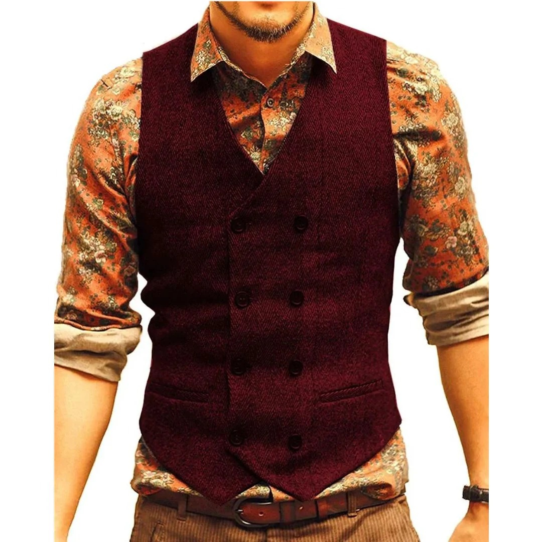Men’s Double-Breasted Vintage Waistcoat – Textured Heritage Layer for Festivals and Smart Casual Wear