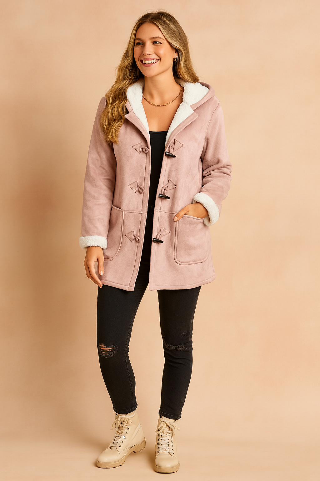 Damen-Kapuzen-Dufflejacke für den Winter mit weichem Fleece-Futter und Knebelverschluss – lässig geschnittene, mittellange, warme Freizeit-Oberbekleidung mit Vordertaschen für den Alltag im Herbst und Winter