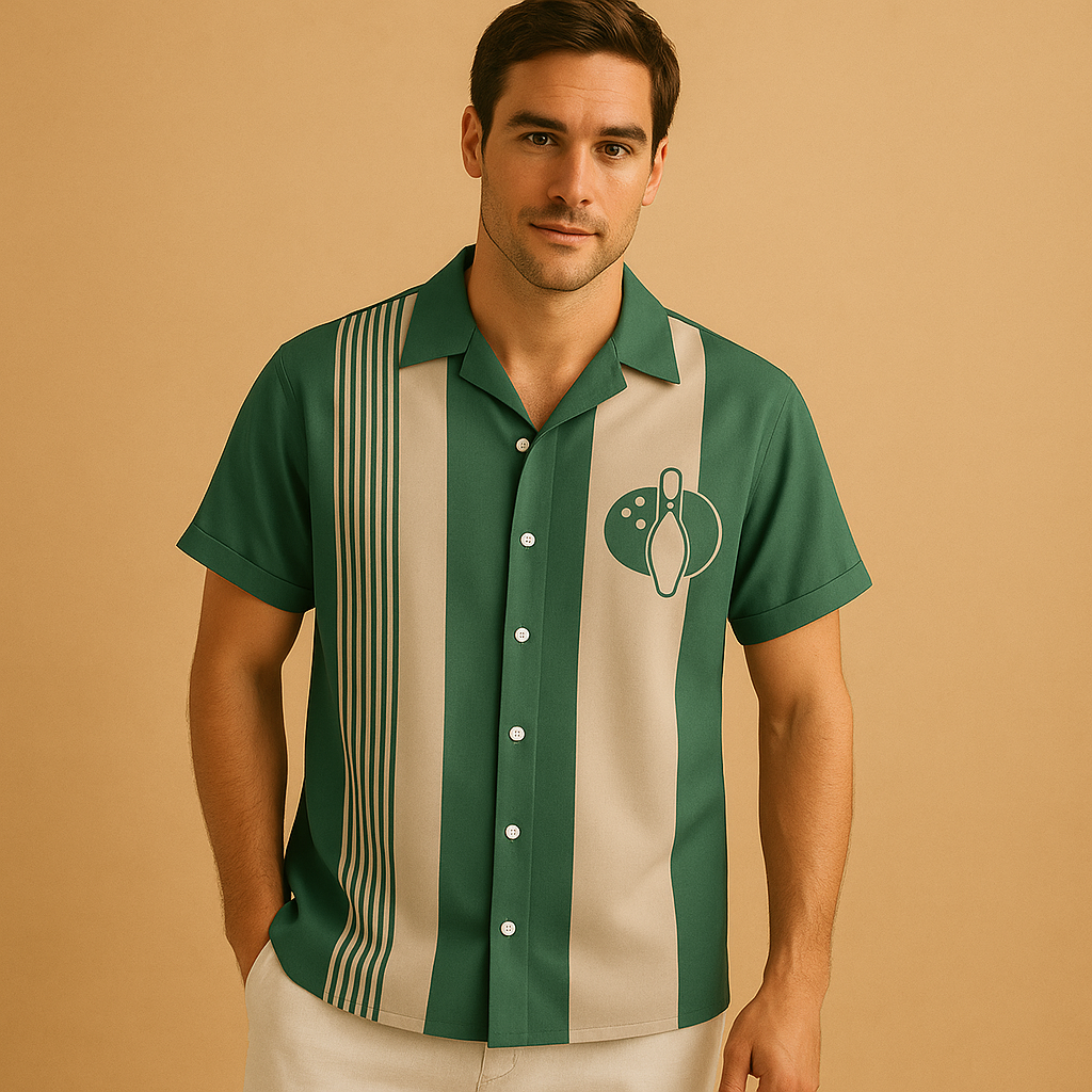 Polo da uomo a maniche corte con stampa - Maglia in poliestere d’ispirazione bowling retrò con colletto morbido, ideale per l’estate, il tempo libero e l’uso casual