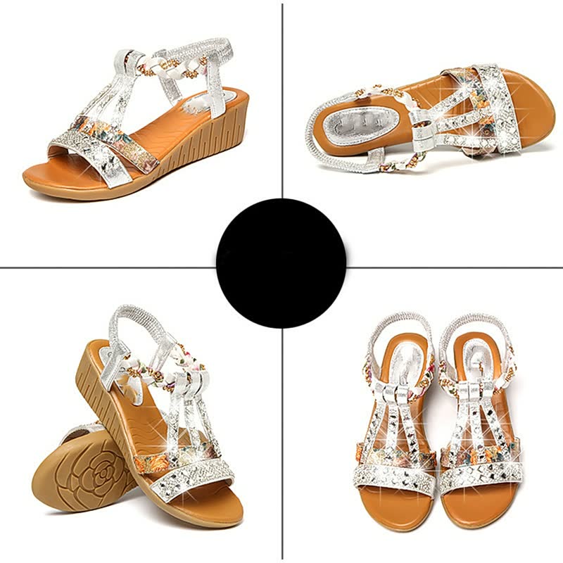 Damskie sandały na koturnie w stylu boho z elastycznym paskiem, lekkie i wygodne, letnie sandały