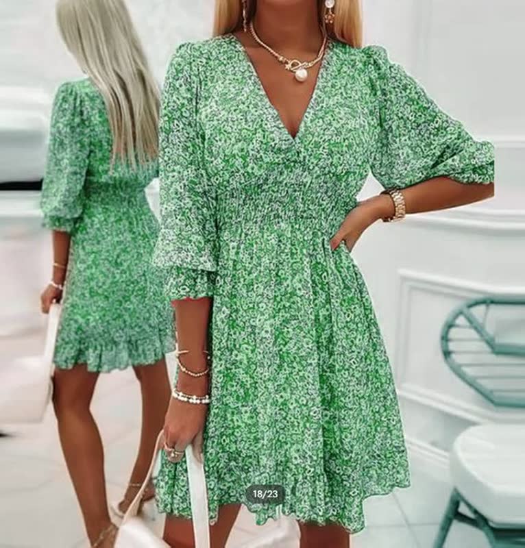 Women’s Floral Mini Dress V Neck Puff Sleeve Relaxed Fit