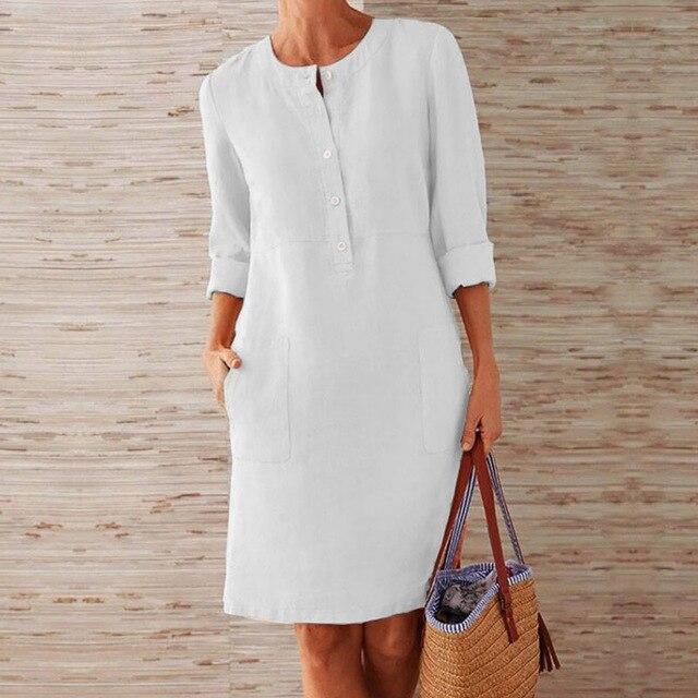 Abito da donna dal taglio morbido con tasche applicate - Collo alla coreana e maniche risvoltate per l'estate