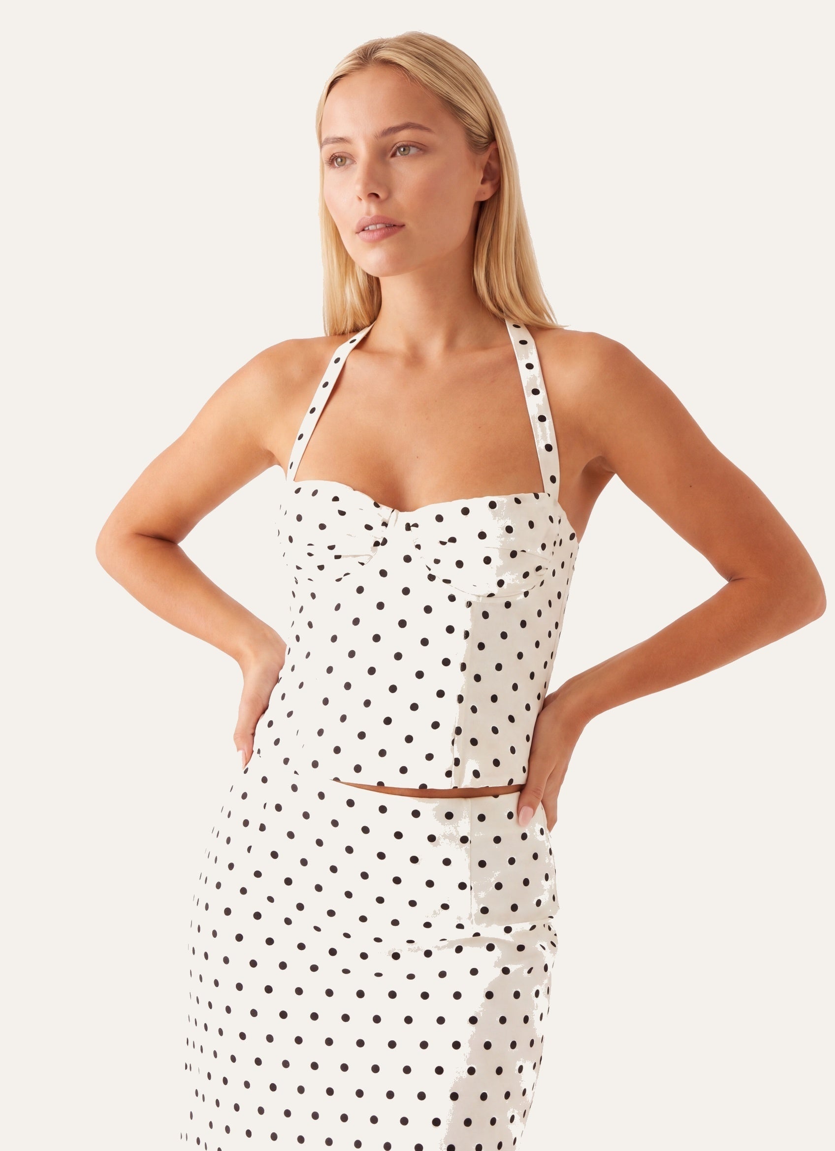 Dámský puntíkovaný halter top ve stylu korzetu s vázáním na krku