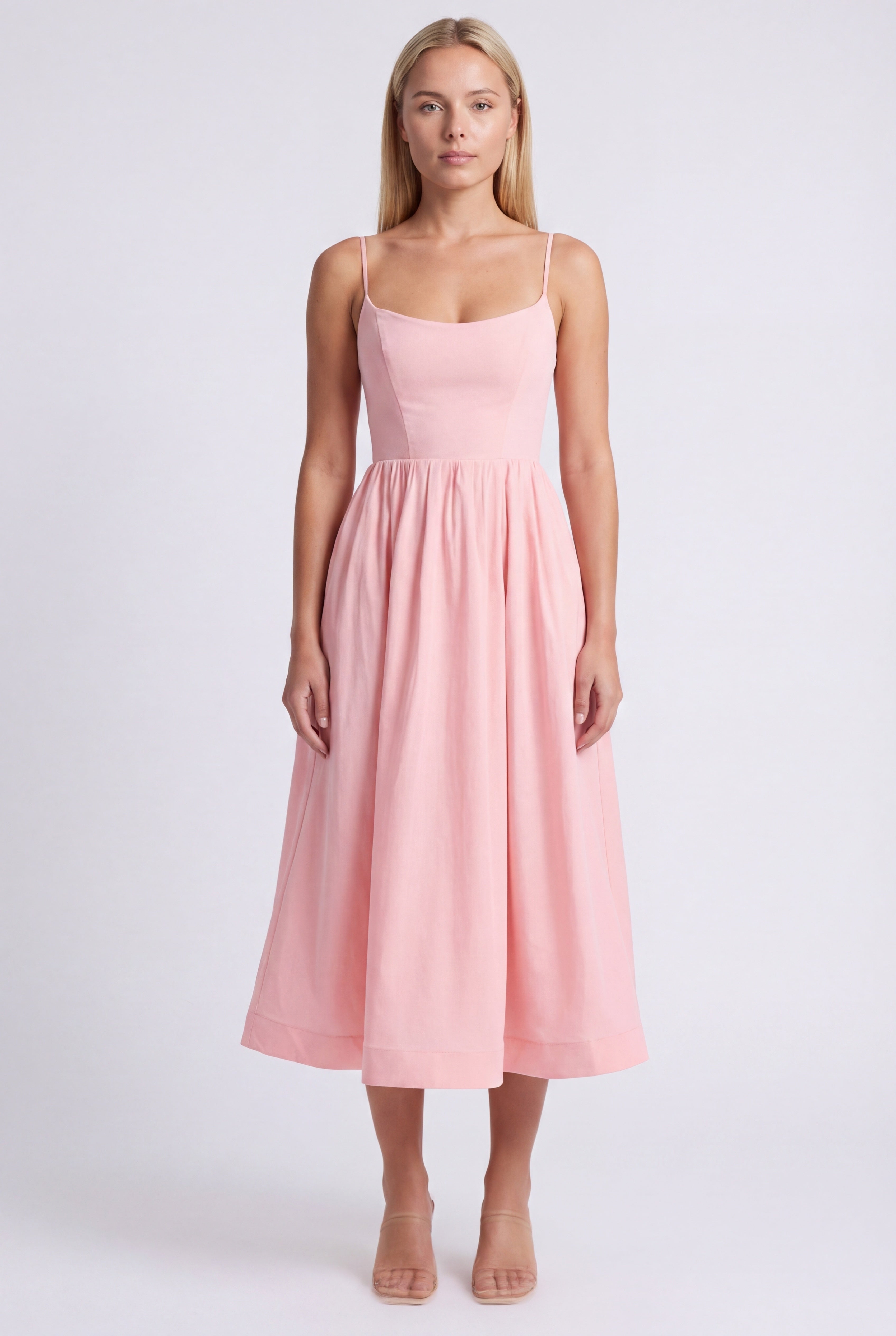 Vestido midi para mujer con cuerpo ajustado, falda acampanada y diseño de tirantes