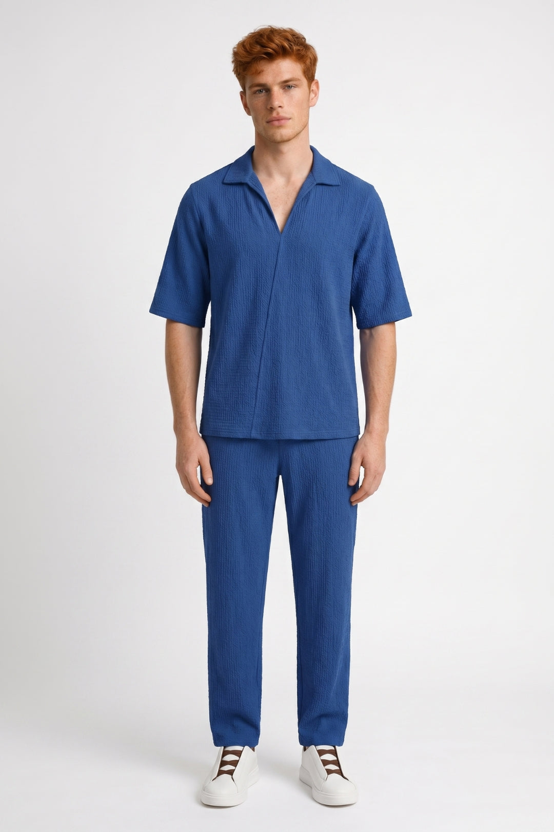 Men’s Textured Co-Ord Set Open Collar Relaxed Trousers