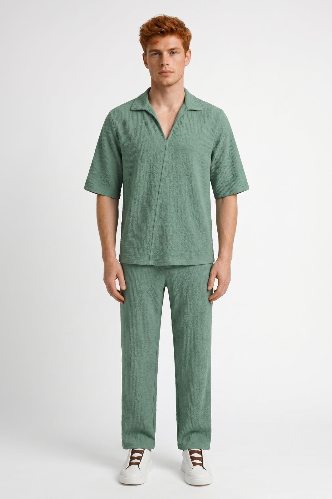 Men’s Textured Co-Ord Set Open Collar Relaxed Trousers