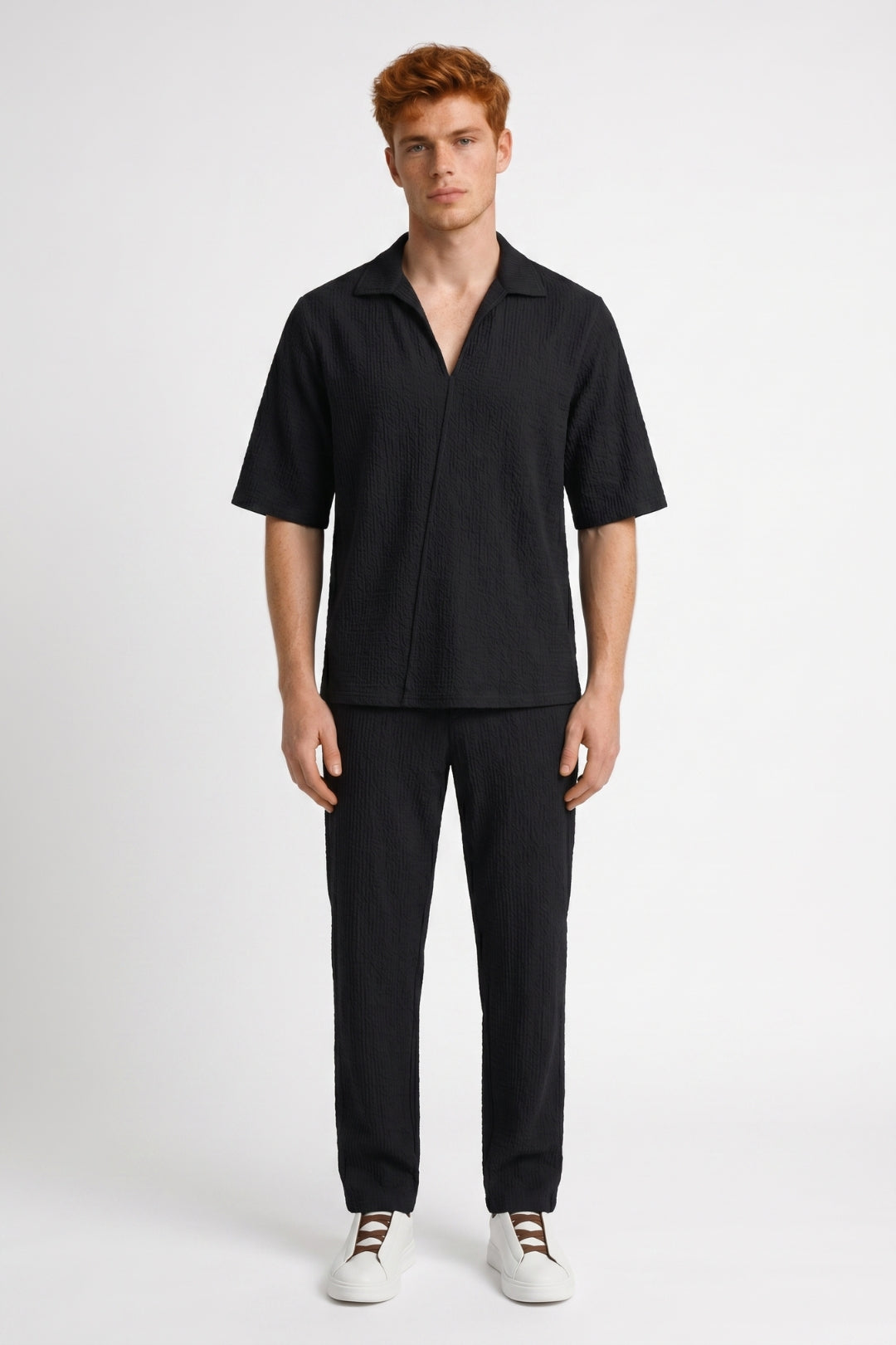 Men’s Textured Co-Ord Set Open Collar Relaxed Trousers