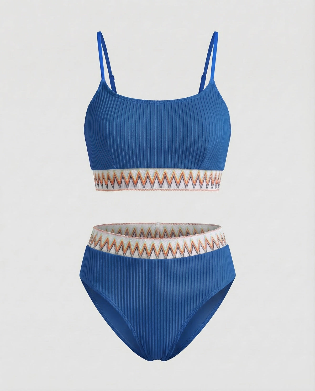 Costum de baie bikini cu nervuri și talie înaltă pentru femei, cu decolteu rotund și bretele subțiri – costum de baie din două piese, pentru vacanțe la plajă și la piscină