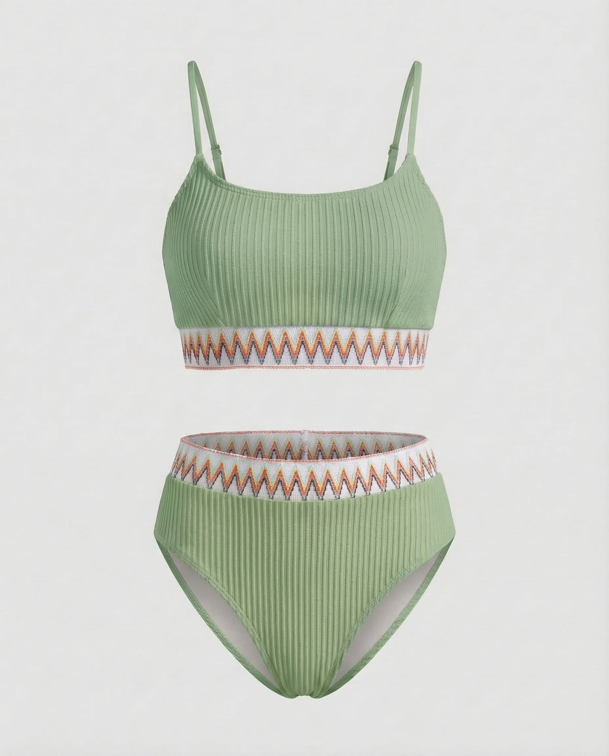 Costum de baie bikini cu nervuri și talie înaltă pentru femei, cu decolteu rotund și bretele subțiri – costum de baie din două piese, pentru vacanțe la plajă și la piscină